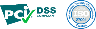 PCI, DSS compliant and ISO 27001 logos